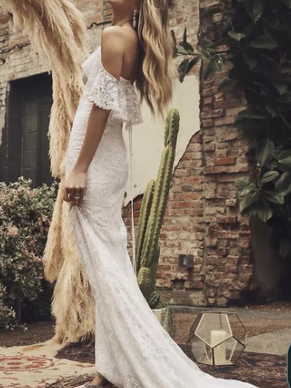 David's Bridal White Off-the-Shoulder Lace Bridal Gown